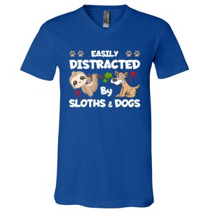 Easily Distracted By Sloths And Dogs Cool Gift V-Neck T-Shirt