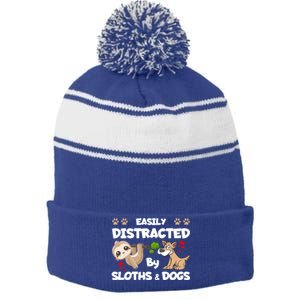 Easily Distracted By Sloths And Dogs Cool Gift Stripe Pom Pom Beanie