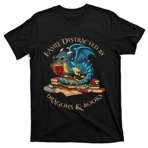 Easily Distracted By Dragons And Books Gift Nerd Dragon T-Shirt