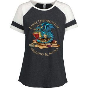 Easily Distracted By Dragons And Books Gift Nerd Dragon Enza Ladies Jersey Colorblock Tee