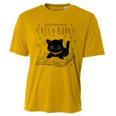 Easily Distracted By Cats And Books Funny Cat & Book Lover Cooling Performance Crew T-Shirt