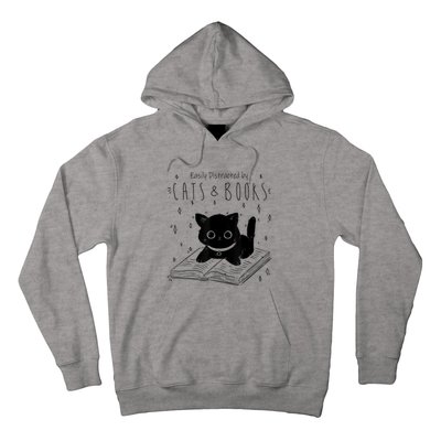 Easily Distracted By Cats And Books Funny Cat & Book Lover Hoodie