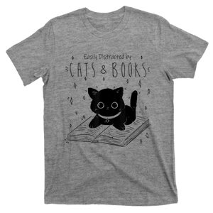 Easily Distracted By Cats And Books Funny Cat & Book Lover T-Shirt