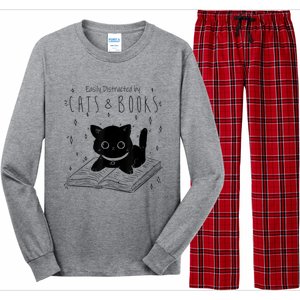 Easily Distracted By Cats And Books Funny Cat & Book Lover Long Sleeve Pajama Set