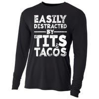 Easily Distracted By Tits And Tacos Adult Humor Gift Cooling Performance Long Sleeve Crew