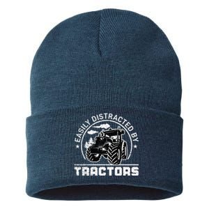 Easily Distracted By Tractors Funny Farm Tractor Enthusiast Sustainable Knit Beanie