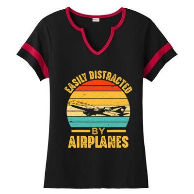 Easily Distracted By Airplanes Pilot Gifts Funny Aviation Ladies Halftime Notch Neck Tee