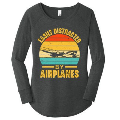 Easily Distracted By Airplanes Pilot Gifts Funny Aviation Women's Perfect Tri Tunic Long Sleeve Shirt