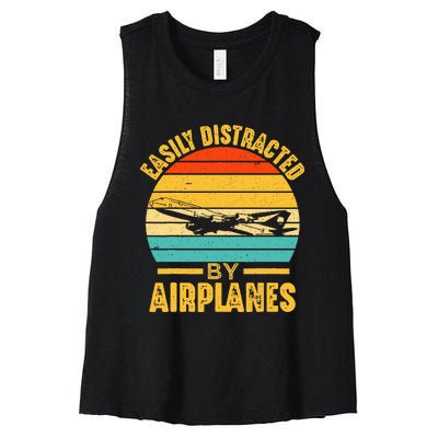 Easily Distracted By Airplanes Pilot Gifts Funny Aviation Women's Racerback Cropped Tank