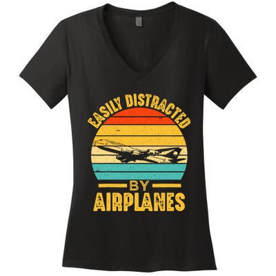 Easily Distracted By Airplanes Pilot Gifts Funny Aviation Women's V-Neck T-Shirt