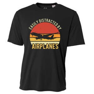 Easily Distracted By Airplanes Lover Pilot Funny Aviation Cooling Performance Crew T-Shirt