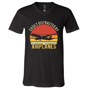 Easily Distracted By Airplanes Lover Pilot Funny Aviation V-Neck T-Shirt