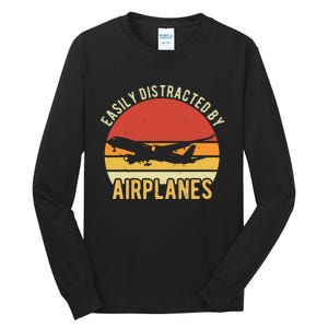 Easily Distracted By Airplanes Lover Pilot Funny Aviation Tall Long Sleeve T-Shirt