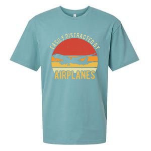 Easily Distracted By Airplanes Lover Pilot Funny Aviation Sueded Cloud Jersey T-Shirt