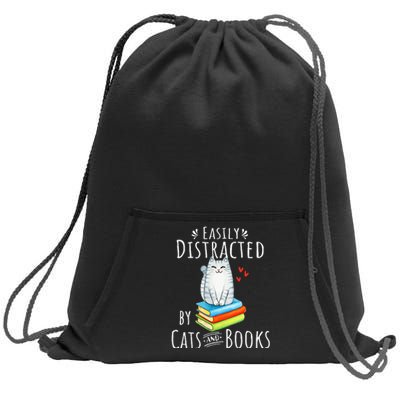 Easily Distracted By Cats And Books Funny Cat & Book Lover Sweatshirt Cinch Pack Bag