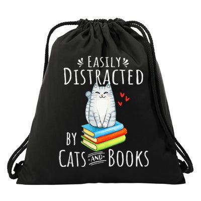 Easily Distracted By Cats And Books Funny Cat & Book Lover Drawstring Bag