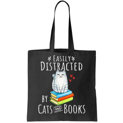 Easily Distracted By Cats And Books Funny Cat & Book Lover Tote Bag