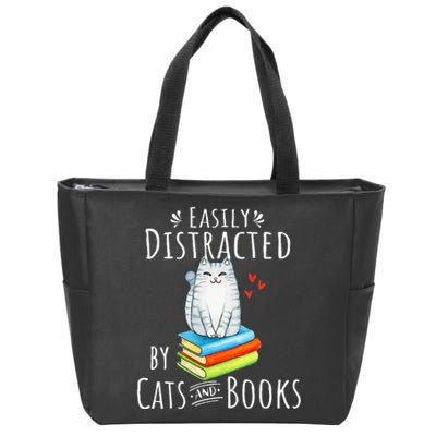 Easily Distracted By Cats And Books Funny Cat & Book Lover Zip Tote Bag