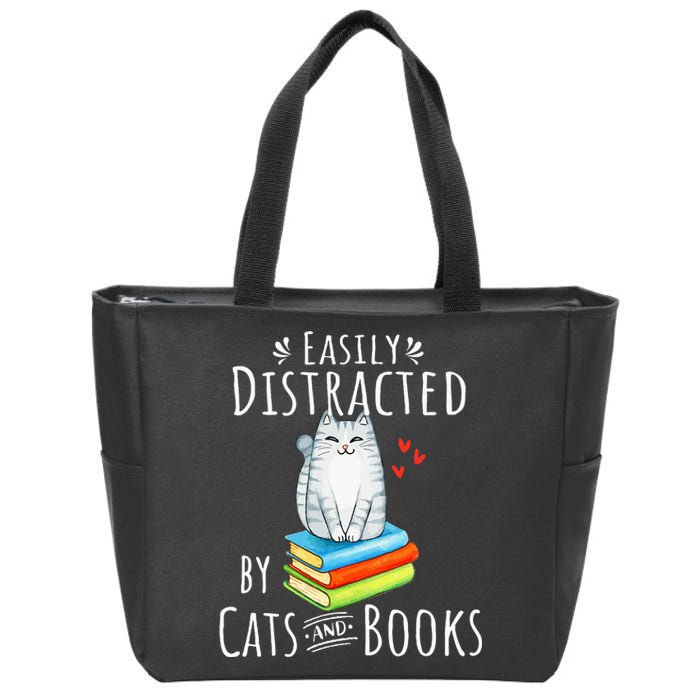 Easily Distracted By Cats And Books Funny Cat & Book Lover Zip Tote Bag