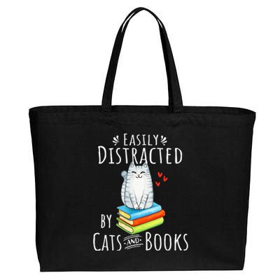 Easily Distracted By Cats And Books Funny Cat & Book Lover Cotton Canvas Jumbo Tote