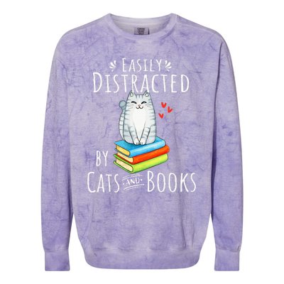 Easily Distracted By Cats And Books Funny Cat & Book Lover Colorblast Crewneck Sweatshirt