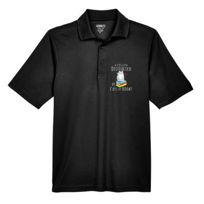 Easily Distracted By Cats And Books Funny Cat & Book Lover Men's Origin Performance Pique Polo