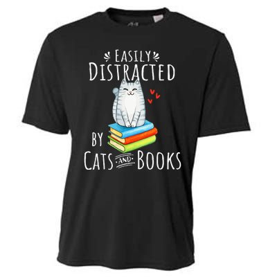 Easily Distracted By Cats And Books Funny Cat & Book Lover Cooling Performance Crew T-Shirt