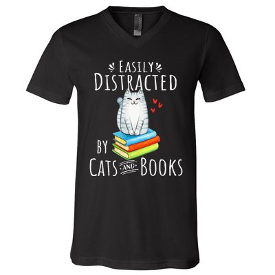 Easily Distracted By Cats And Books Funny Cat & Book Lover V-Neck T-Shirt