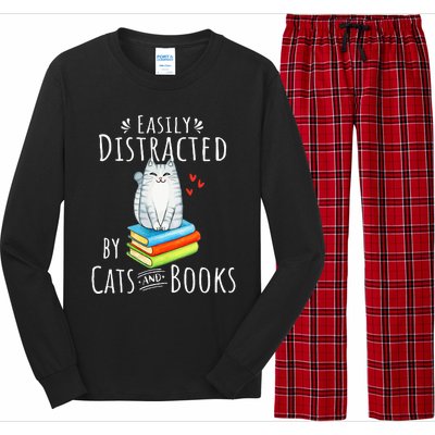 Easily Distracted By Cats And Books Funny Cat & Book Lover Long Sleeve Pajama Set