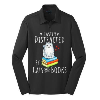 Easily Distracted By Cats And Books Funny Cat & Book Lover Silk Touch Performance Long Sleeve Polo