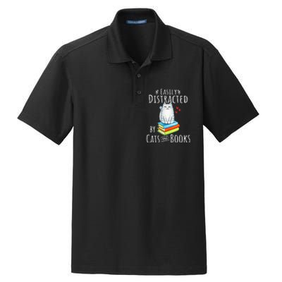 Easily Distracted By Cats And Books Funny Cat & Book Lover Dry Zone Grid Polo