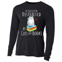 Easily Distracted By Cats And Books Funny Cat & Book Lover Cooling Performance Long Sleeve Crew