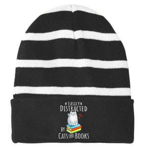 Easily Distracted By Cats And Books Funny Cat & Book Lover Striped Beanie with Solid Band