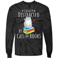 Easily Distracted By Cats And Books Funny Cat & Book Lover Tie-Dye Long Sleeve Shirt