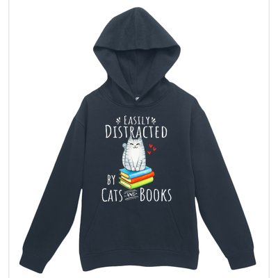 Easily Distracted By Cats And Books Funny Cat & Book Lover Urban Pullover Hoodie