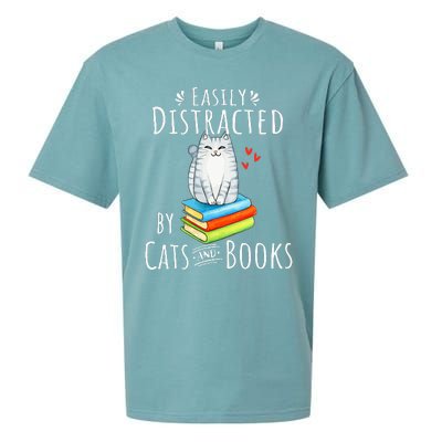 Easily Distracted By Cats And Books Funny Cat & Book Lover Sueded Cloud Jersey T-Shirt