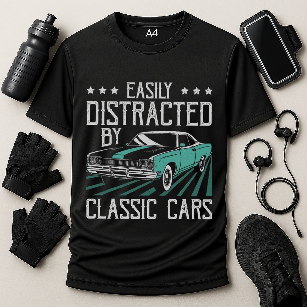 Easily Distracted By Classic Cars Funny Old Vintage Car Guy Cooling Performance Crew T-Shirt