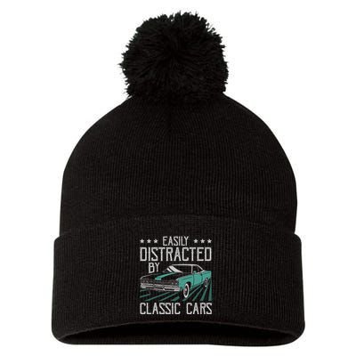 Easily Distracted By Classic Cars Funny Old Vintage Car Guy Pom Pom 12in Knit Beanie