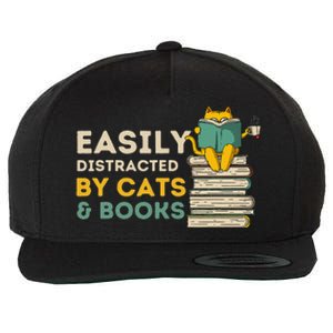 Easily Distracted By Cats And Books Funny Book & Cat Lover Wool Snapback Cap