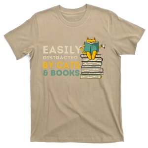 Easily Distracted By Cats And Books Funny Book & Cat Lover T-Shirt