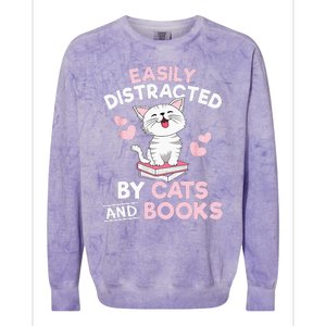 Easily Distracted By Cats And Books Cute Cat Book Lover Colorblast Crewneck Sweatshirt