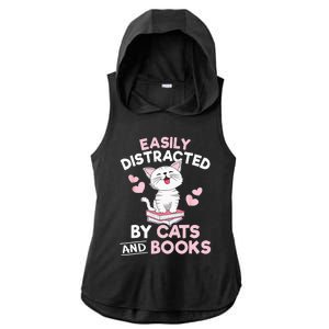 Easily Distracted By Cats And Books Cute Cat Book Lover Ladies PosiCharge Tri-Blend Wicking Draft Hoodie Tank