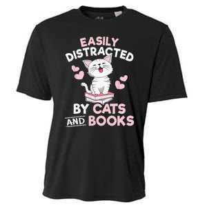 Easily Distracted By Cats And Books Cute Cat Book Lover Cooling Performance Crew T-Shirt