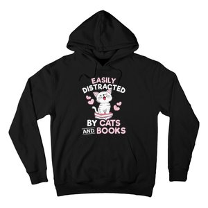 Easily Distracted By Cats And Books Cute Cat Book Lover Hoodie