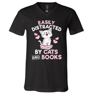 Easily Distracted By Cats And Books Cute Cat Book Lover V-Neck T-Shirt