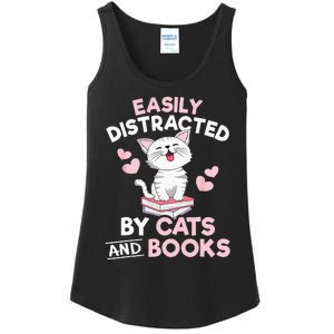 Easily Distracted By Cats And Books Cute Cat Book Lover Ladies Essential Tank