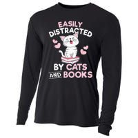 Easily Distracted By Cats And Books Cute Cat Book Lover Cooling Performance Long Sleeve Crew