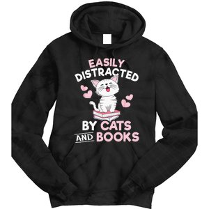 Easily Distracted By Cats And Books Cute Cat Book Lover Tie Dye Hoodie