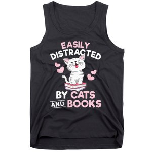 Easily Distracted By Cats And Books Cute Cat Book Lover Tank Top