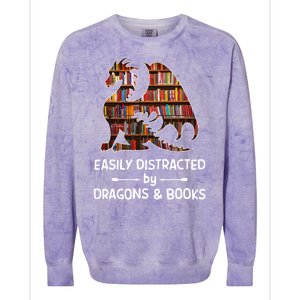 Easily Distracted By Dragons And Books Nerd Dragon Colorblast Crewneck Sweatshirt